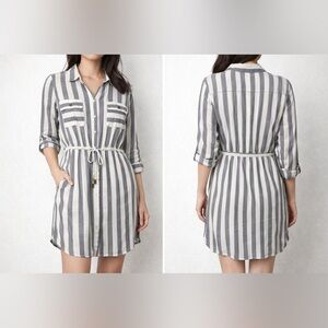 Striped Shirt Dress Drawstring Waist Long Sleeve Size L Casual